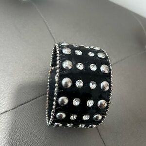 Genuine Black Leather White Rhinestones & Silver  Studded Retro Band Bracelet